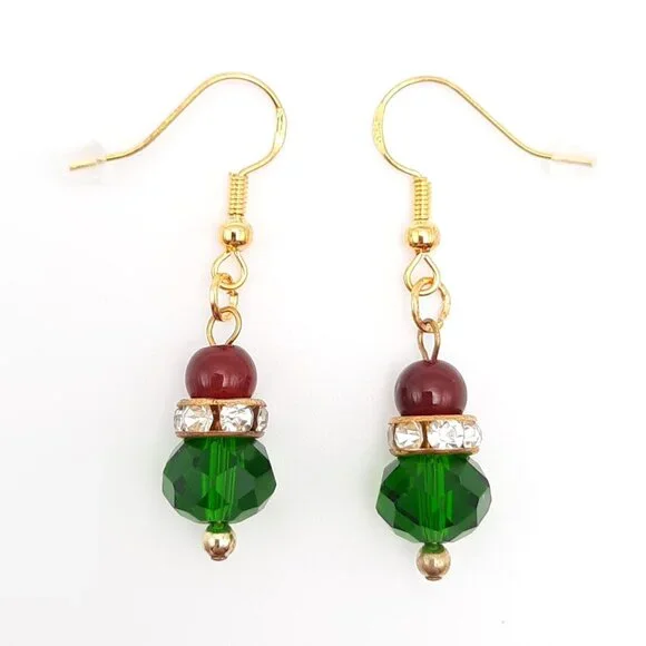 Christmas Holiday Red Green White on Gold Drop Earrings Handmade Jewelry - Picture 4 of 7